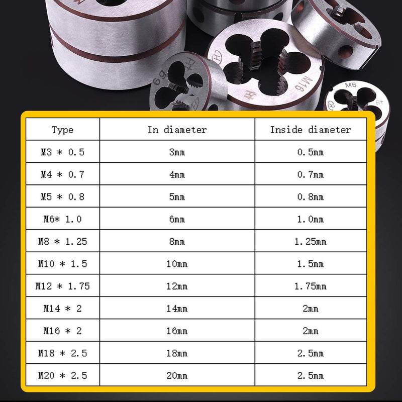 ATOPLEE 11pcs Metric Left Hand Thread Die Set M3-M20