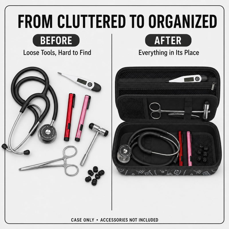 Stethoscope Case - Hard Carrying Bag Compatible for St John Ambulance/ 3M/ MDF/AKORD Dual or Single Head Littmann Stethoscope - Includes Mesh Pocket for Accessories Black