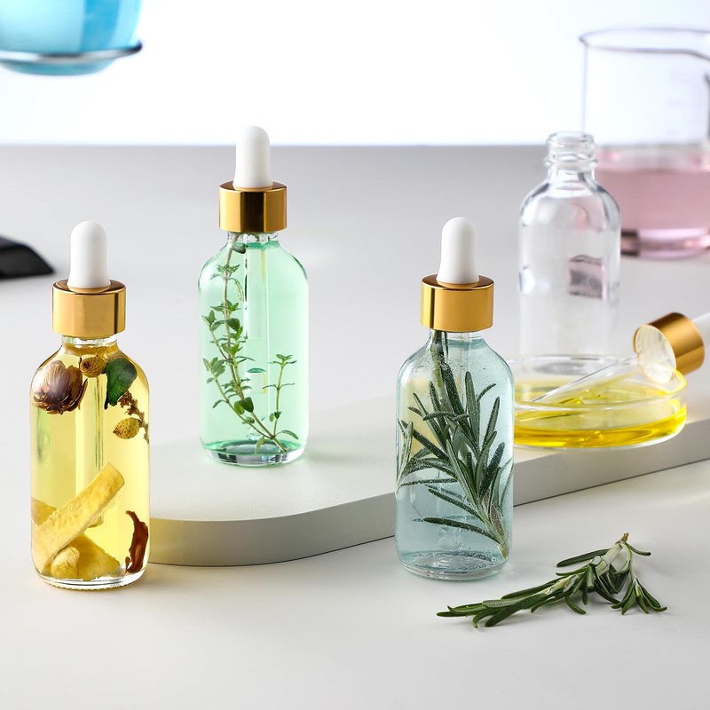 [Australia - AusPower] - AOZITA Set of 4, 2 oz Golden Cap Clear Dropper Bottles (60ml) with 1 Funnel & 4 Labels - Glass Tincture Bottles for Essential Oils with Eye Droppers - Leak Proof Travel Bottles for Liquids 