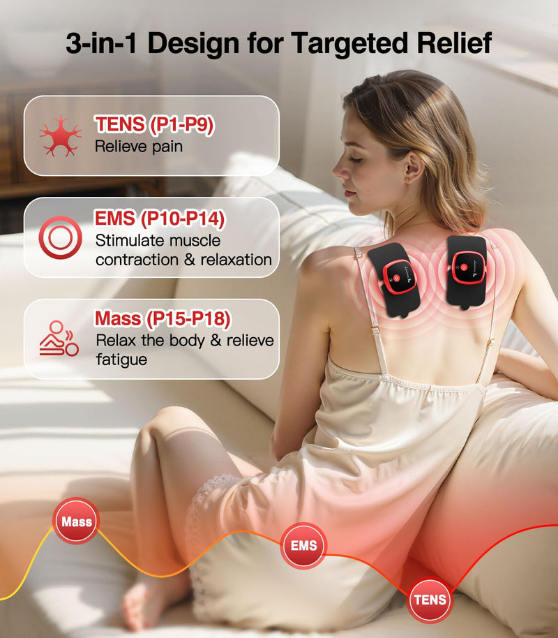 [Australia - AusPower] - Wireless TENS Unit Muscle Stimulator, 2 Packs Rechargeable TENS Machine with Remote Control, Dual Channel Portable Combo Electrotherapy Device (Model: M101A-UK1) for Neck, Back, Shoulder 