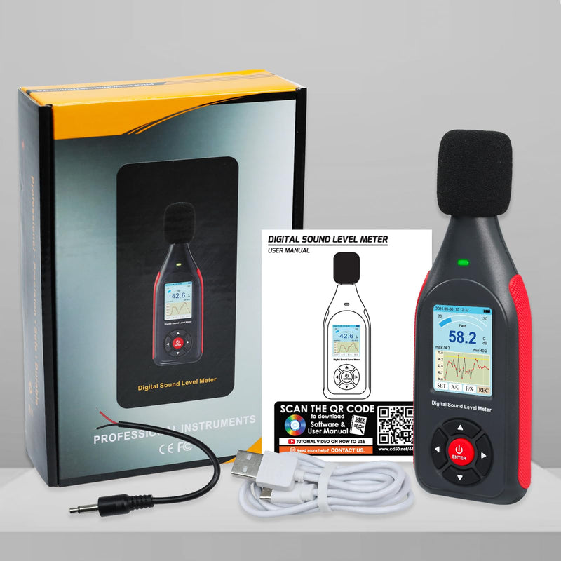 [Australia - AusPower] - Dezibel Meter Data Logger Sound Level Meter with 43,000 Records Visual Alarm, A/C Frequency and DC Output Digital Sound Level Meter for Home, Factory, Classroom etc Lcd Graphic Display 