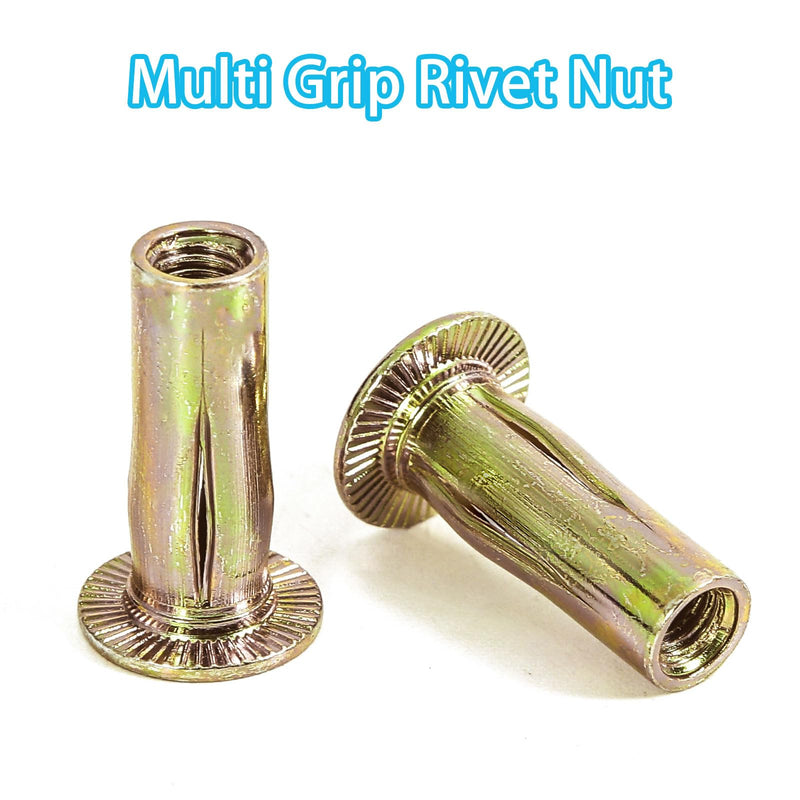 [Australia - AusPower] - 25Pcs 1/4-20 Multi Grip Rivet Nuts Pre Bulbed Shank Carbon Steel Color-Zinc-Plated Flat Head Threaded Insert Nut 