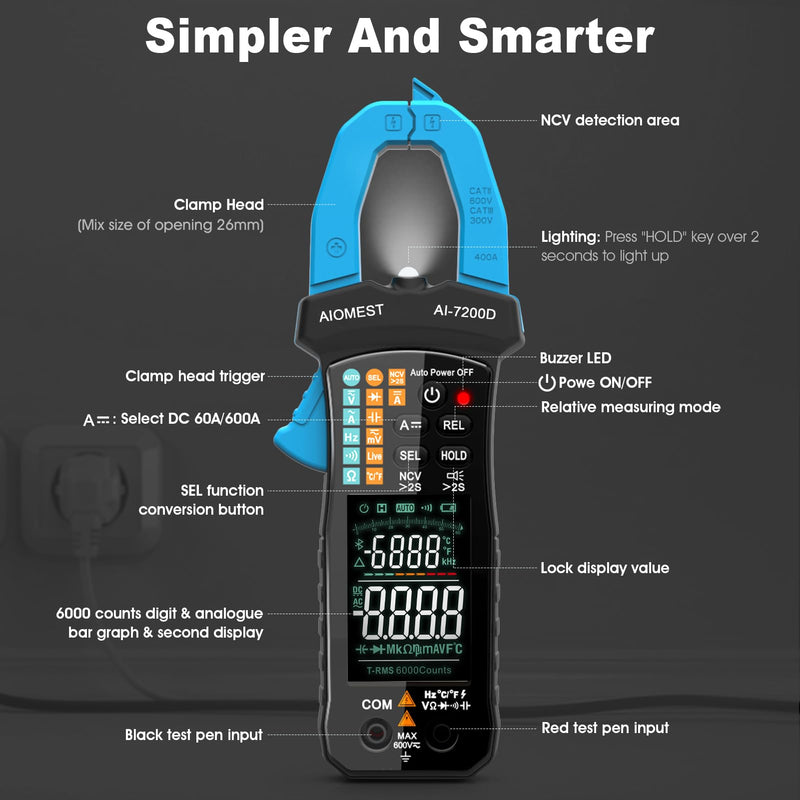 [Australia - AusPower] - AIOMEST Digital Clamp Meter, 6000 Counts Handheld Multimeter Slim Voltage Tester Auto-Range 60A/400A True-RMS w/NCV, DC & AC, Temp, Volt Ammeter AI-7200D 