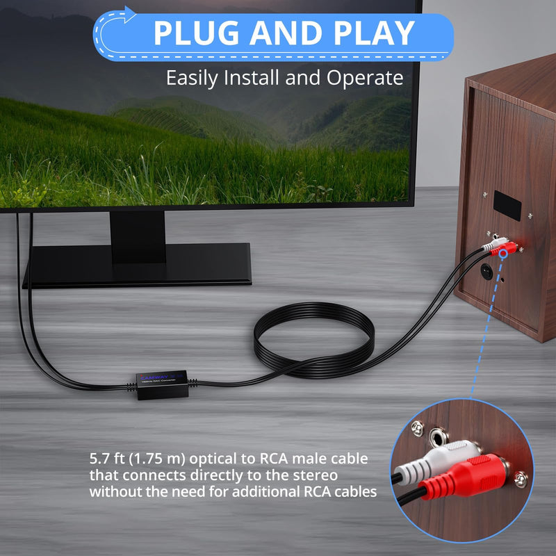 [Australia - AusPower] - CAMWAY Digital to Analog Audio Converter,Optical to R/C/A Converter,SPDIF to R/C/A,192kHz DAC Converter 5.7 ft Audio Cable,Optical Toslink to R/C/A Audio Adapter 