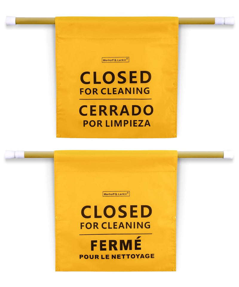 Closed For Cleaning Sign | English, Spanish & French | 28-53 Inch Expandable | For Janitors, Restrooms, & Bathrooms | Closed Restroom Cleaning Signs | Yellow Commercial Hanging Doorway Safety Banner