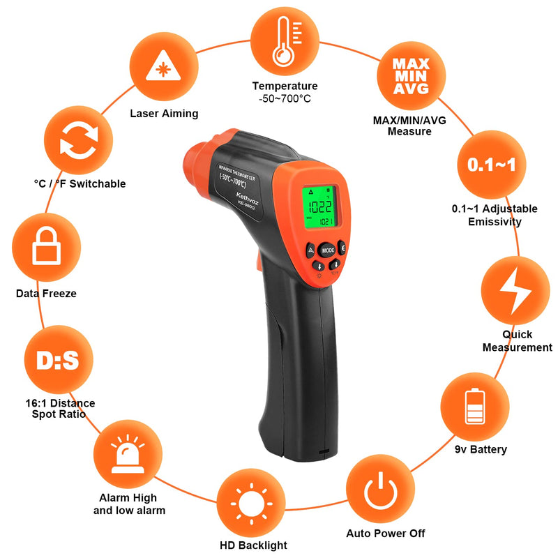 [Australia - AusPower] - Digital Infrared IR Thermometer Laser -50°C ~ 700°C, Kethvoz Contactless Temperature Meter with Temperature Alarm, Adjustable Emissivity for Kitchen/Cooking/Sugar/Industrial Infrared Temperature Gun 