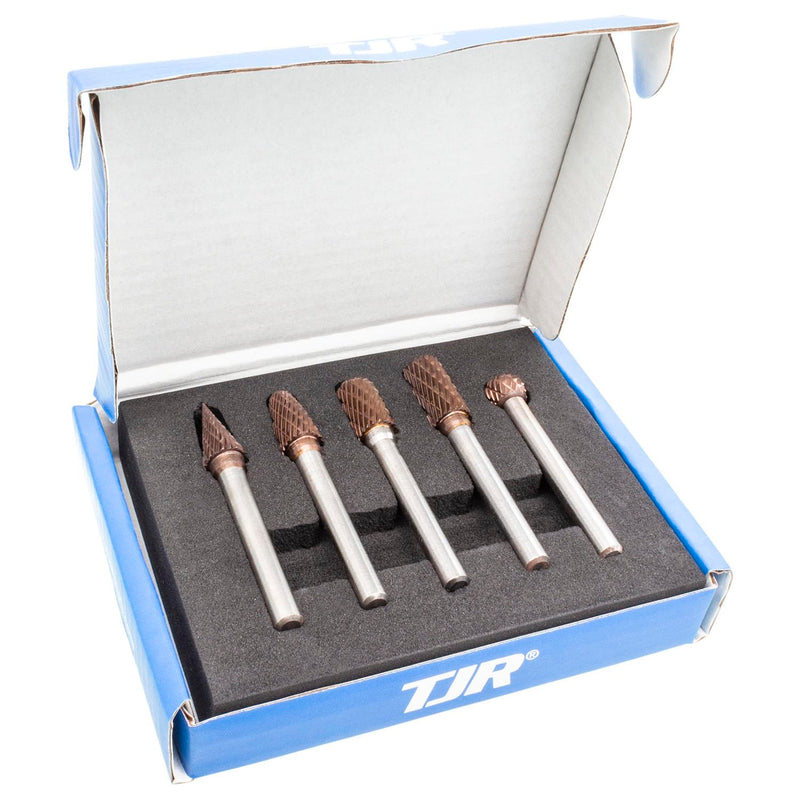 TJR® 3/8" head Carbide Burrs Set with 1/4" Shank 5pcs and ULTRACo Coating - Double Cut. For Steel, Stainless Steel, Hardened steel, and Aluminum, Wood for Grinding and Deburring applications