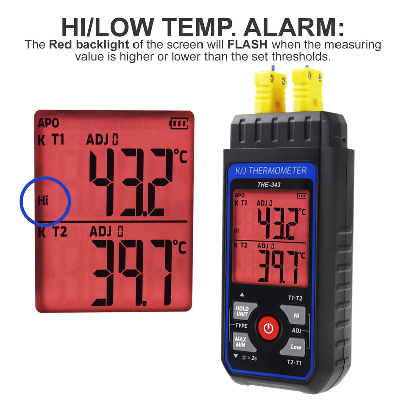 [Australia - AusPower] - Thermocouple Thermometer, Digital K Type Thermometer with 4 Thermocouples, -328~1370°C Measuring Range HVAC Thermometer Dual Channels, Temperature Meter LED Backlight and ADJ Compensation 2-channel thermometer 