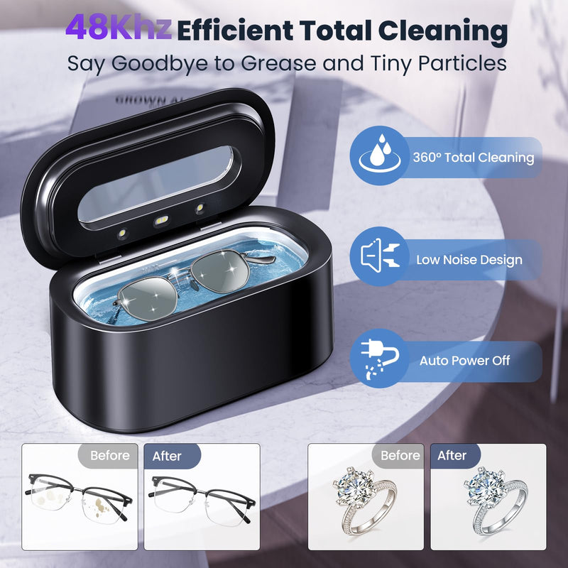 [Australia - AusPower] - Ultrasonic Jewelry Cleaner, 48Khz 12oz Professional Jewelry Cleaner Ultrasonic Machine with Digital Timer, 30W Portable Ultrasonic Cleaner for Eyeglasses, Necklaces, Rings, Watches, Dentures Black 
