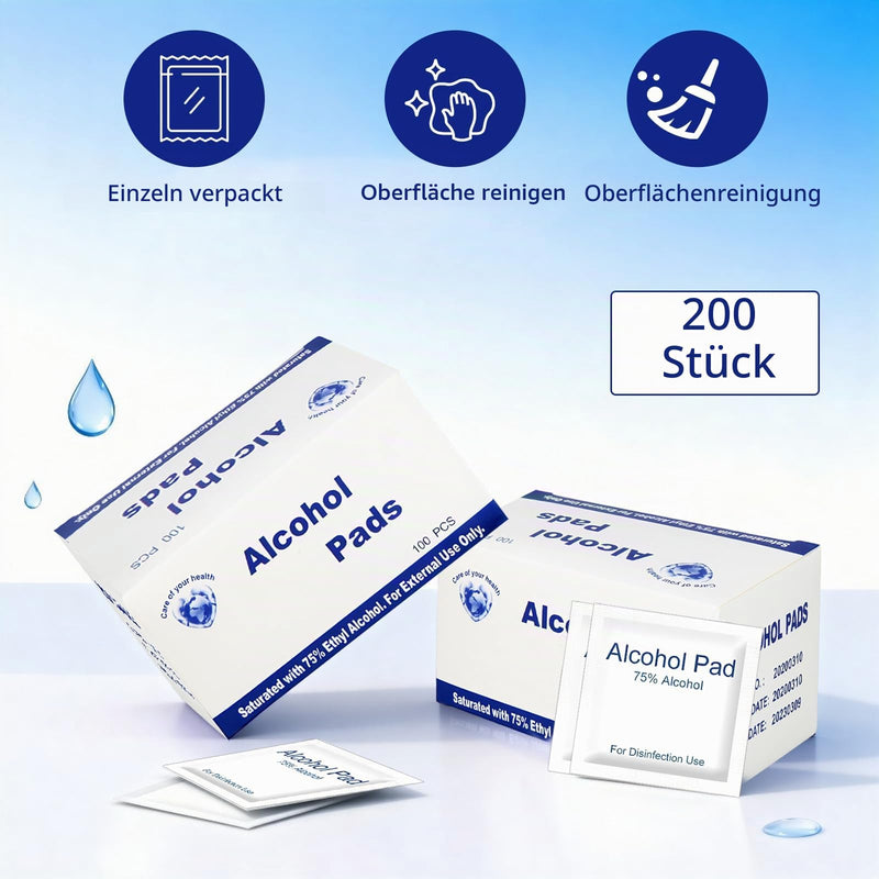 Pack of 200 Alcohol Pads, 75% Alcohol Wipes, 6 x 6 cm Alcohol Swabs, Individually Packed For Hygienic Reasons, Suitable for Business Trips, Travel and Daily Use