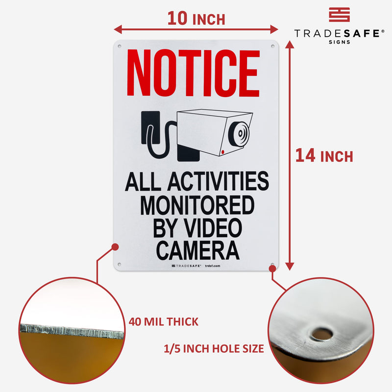 TRADESAFE All Activities Monitored by Video Camera - Video Surveillance Sign, Quick Install, Light Reflective, UV-Resistant, Waterproof, 10” X 14” Aluminum Security Camera Sign Notice Monitored By Video Camera
