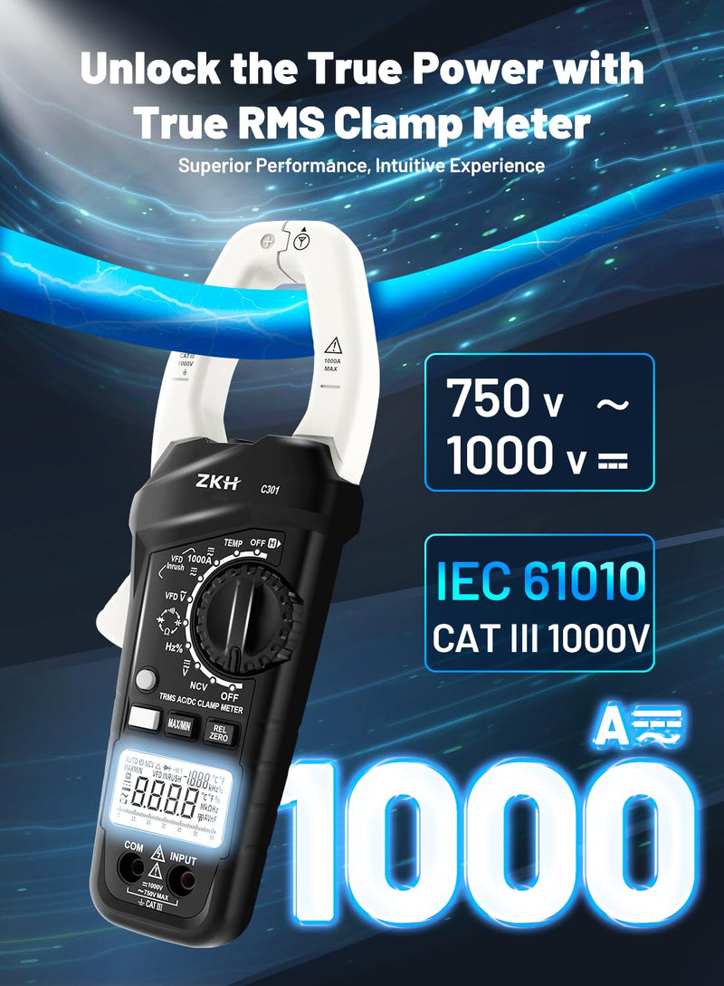 [Australia - AusPower] - Inrush Digital Clamp Meter Multimeter, 1000A Amp Clamp Meter Voltage Tester with VFD, TRMS 6000 Counts, Measures AC/DC Current Voltage, Temp, Resistance, Capacitance, Frequency, Continuity, NCV 