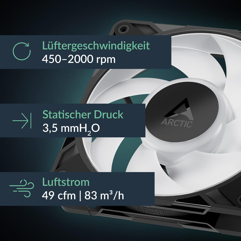 ARCTIC P12 Pro A-RGB LN - Low-Noise 120 mm Premium Fan | PWM fan with Y cable splitter, 450-2000 rpm, 0 rpm <5% PWM, 5V digital RGB, hydrodynamic plain bearing, 4-pin 1 Stück