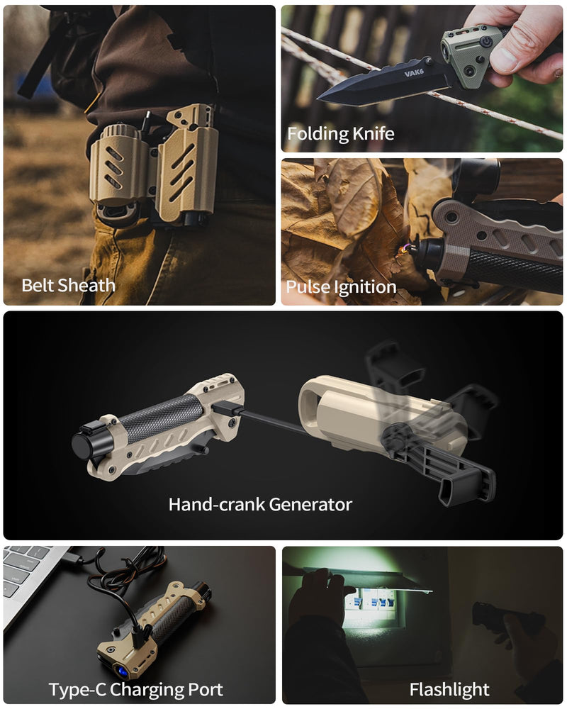 VIPERADE VAK6 Survival Multitool with Folding Knife, LED Flashlight, Pulse Ignition and Hand Crank Generator, Camping Multitool Knife Rechargeable Flashlight with Belt Sheath Black