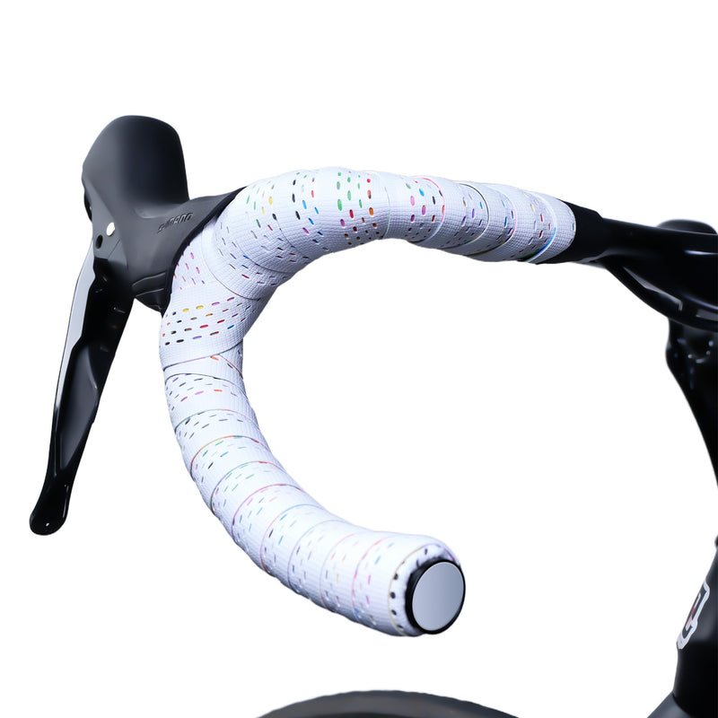 Road Bike Handlebar Tape, Silicone Surface Non-Slip Bicycle Bar Tape, Shock Absorbing Drop Bar Wrap, White Confetti Stitch Pattern, 2 Rolls White Rainbow Set of 2