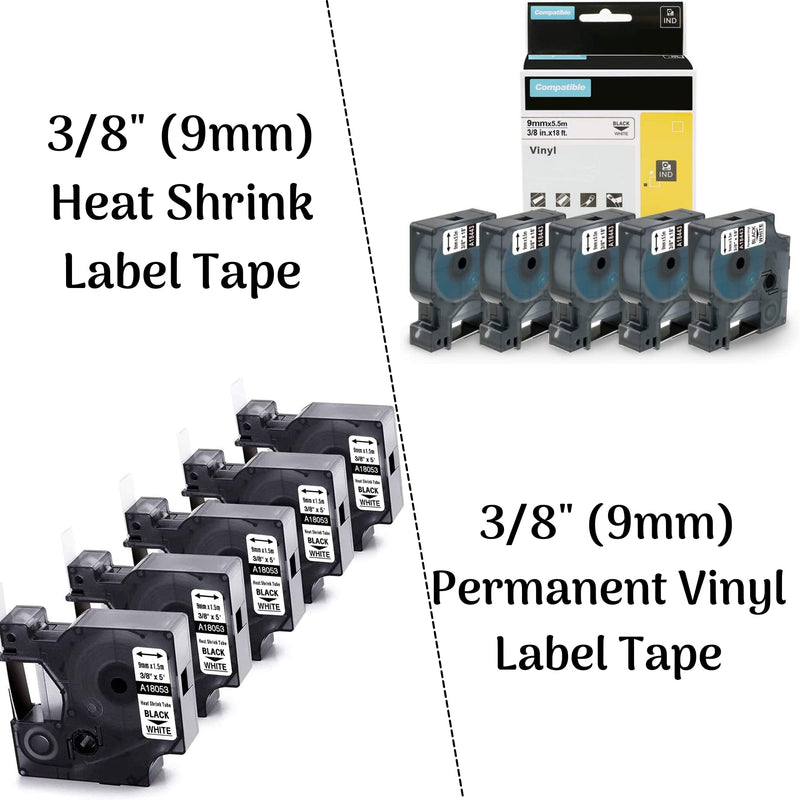 5Pack 3/8'' Heat Shrink Tube Labels + 5Pack 3/8'' Permanent Vinyl Label Tape Compatible with Dymo Rhino 4200 5200 6000 Label Makers