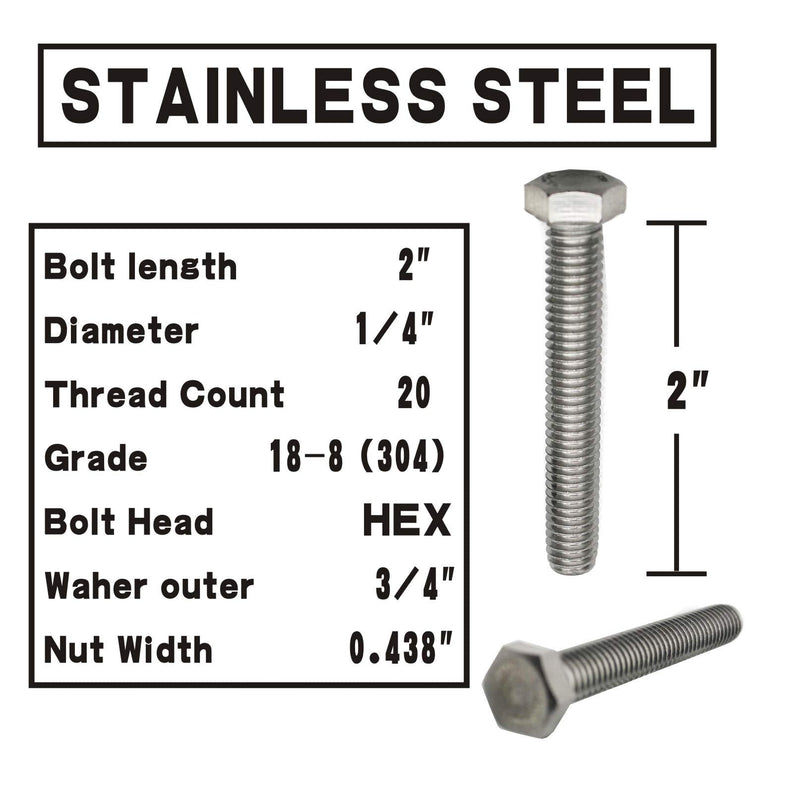 (10 Sets) 1/4-20x2" Stainless Steel Hex Head Screws Bolts, Nuts, Flat & Lock Washers, 18-8 (304) S/S, Fully Threaded by Bolt Fullerkreg (10 Sets) 1/4x2"