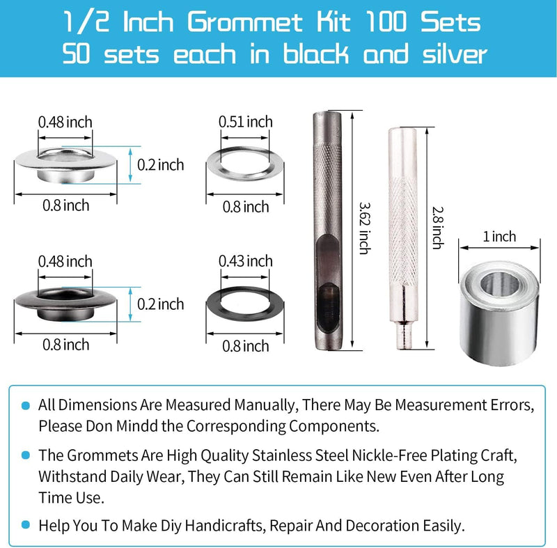 [Australia - AusPower] - Grommet Tool Kit, 1/2 Inch Grommets Eyelets Sets,100 Sets Grommets, Eyelets Kit with 3 Pcs Leather Punch Tool, Stainless Steel Grommets for Fabric, Canvas, Shoes, Tarps, Clothing (Black and Silver) 