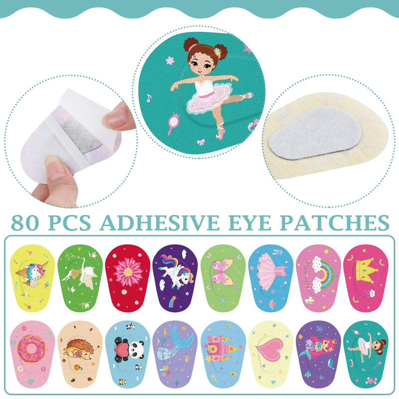 [Australia - AusPower] - Adhesive Eye Patches for Kids Girls 16 Styles Toddler Eye Patches Bulk Latex Free Eye Pad Light Blocking Fun Cute Designs Cotton Adhesive Bandages for Kids Toddler Girls Boys(80 Pcs) 80 