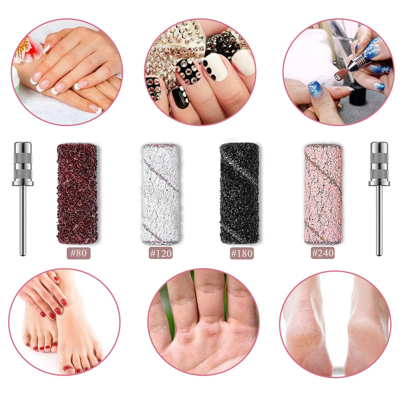 Sanding Caps Nail Cutter, Pack of 100 Sanding Sleeves Nail Cutter Attachments, Grit 80/120/180/240 Mini Sanding Sleeves with 2 Pieces 3 mm Drill Mini Grit Sanding Belts for Manicure Pedicure