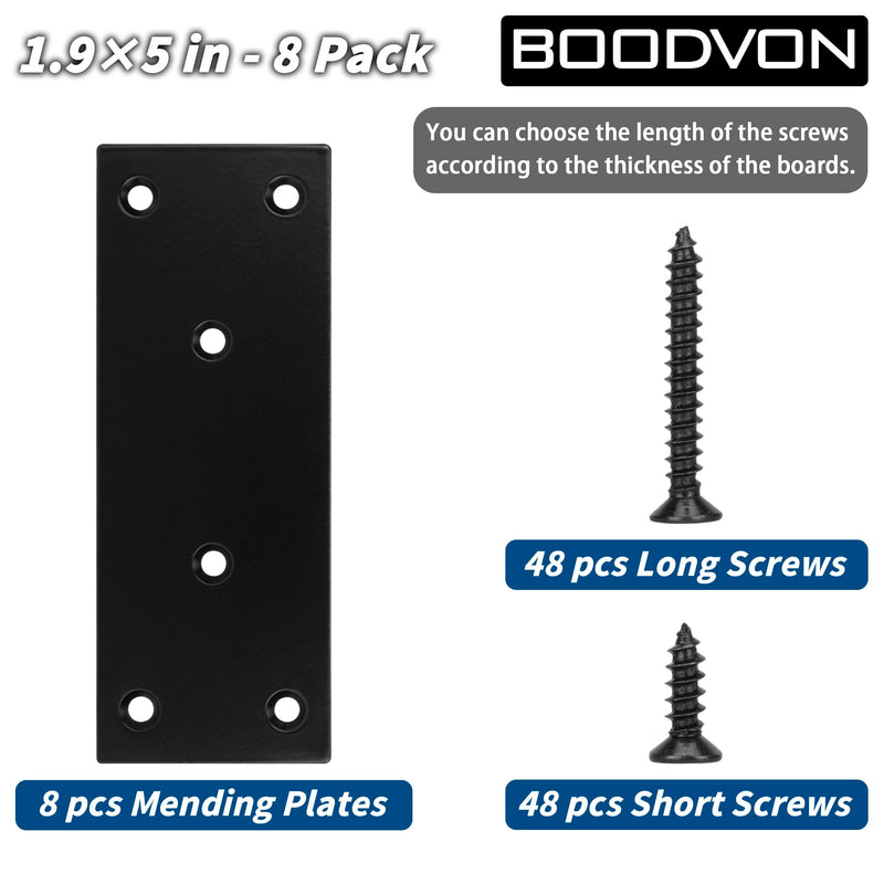 Mending Plate, Metal Steel Flat Straight Brace Bracket, Black Double-Wide Joining Plate for Wood Furniture Fastening & Fixing with 2 Sets of Screws of Different Lengths(48x128mm, 4 Pack) 1.9"×5"/48x128mm