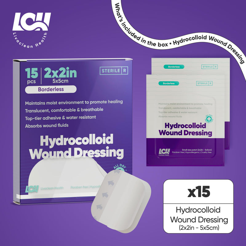 [Australia - AusPower] - (15 CT) 2" x 2" Sterile Hydrocolloid Wound Dressing - Individually Packed, Hydrocolloid Bandages Large, Adhesive Bandage, Bed Sore Bandages, Large Patches 