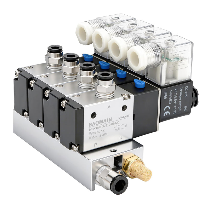 Baomain 4 Station Solenoid Valve Manifold, 12V DC 3 Way 2 Position Pneumatic Air Valve, Four Solenoid, 1/4" PT Port, Includes Manifold Base & Mufflers, 3V210-08 4-Station Valve Kit