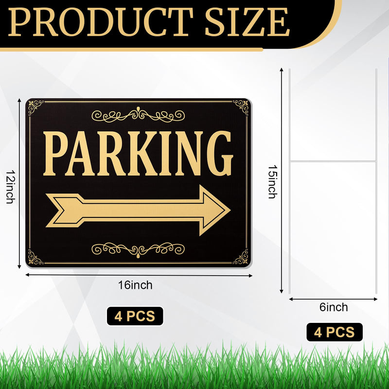Menkxi 4 Pcs Parking Sign with Metal H Stake 12 x 16 Inch Double Sided Event Parking Sign Corrugated Plastic Waterproof Durable Guest Directional Arrow Signs for Outdoor Yard Wedding, Black and Gold