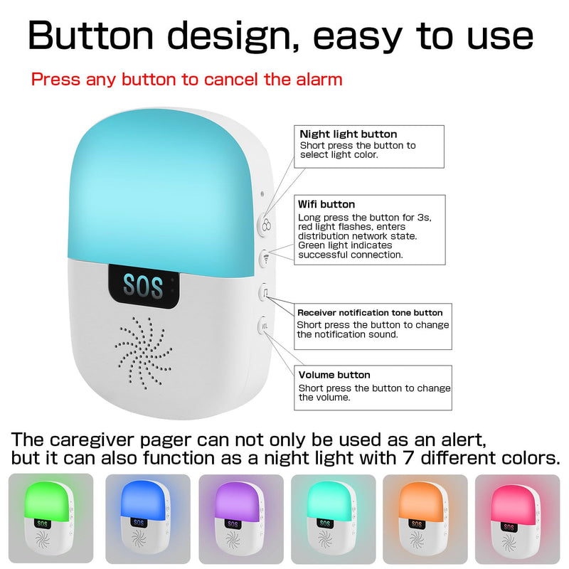 [Australia - AusPower] - Caregiver Pager Wireless Call Button Smart WiFi Nurse Emergency Alert System 330 Feet Life Alert Button for Elderly/Patient/Disabled/Home(2.4GHz Wi-Fi Only) 1 receiver + 2 SOS button 