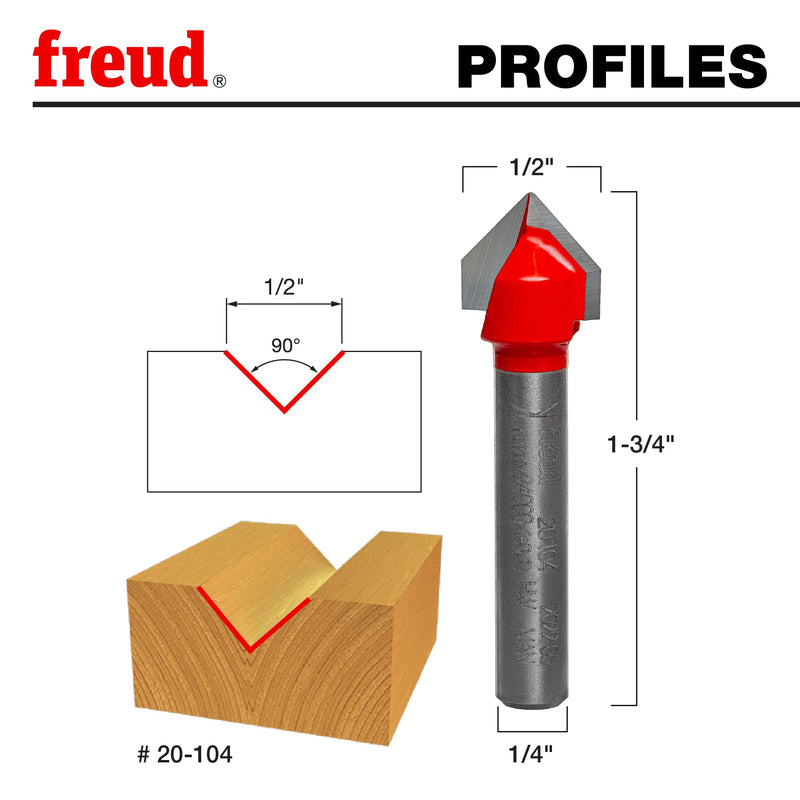 Freud 20-104: 1/2" (Dia.) 90° V Grooving Bit 1/2-inch Diameter 1/2-Inch Diameter 90-Degree V-Grooving Router Bit with 1/4-Inch Shank