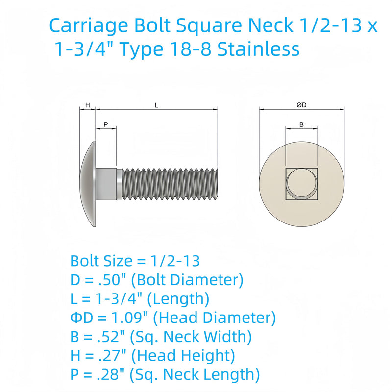 [Australia - AusPower] - 1/2"-13 X 1-3/4" (10pc) Stainless Carriage Bolt, 18-8 Stainless Steel Full Thread Coverage,Carriage Bolt,by SANTIE 1/2"-13 X 1-3/4" (10pc) 