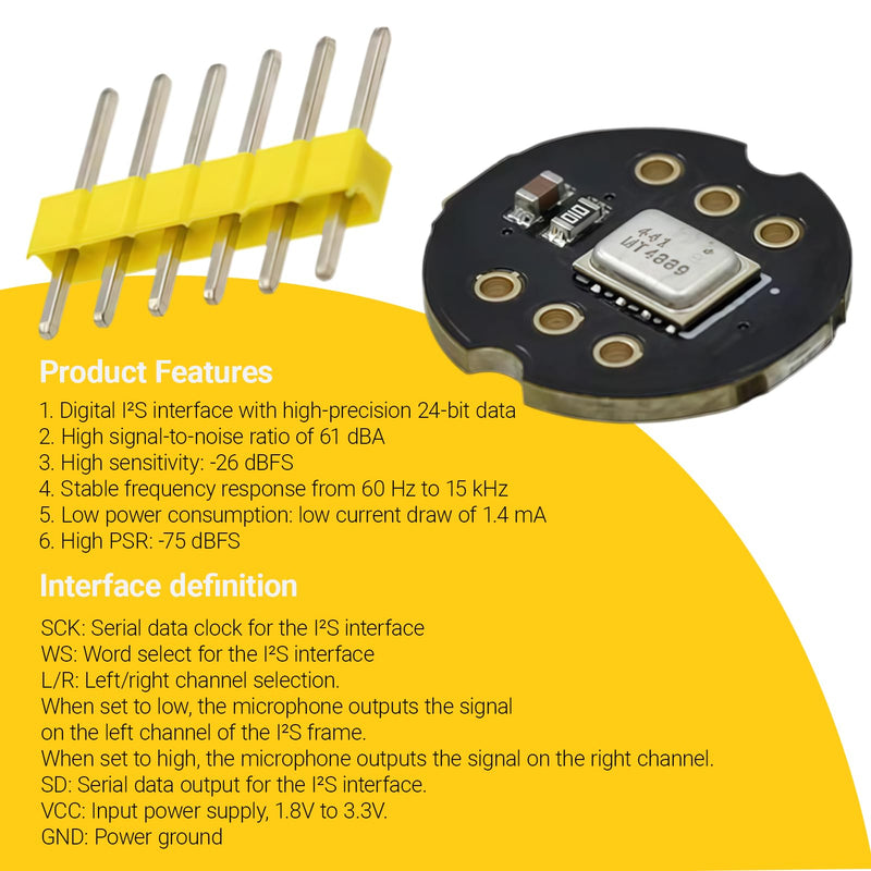 1 x INMP441 Omnidirectional Microphone Module 24 Bit I2S Interface Compatible with ESP-32 Arduino, Digital Output Sensor Module, I2S MEMS Interface, for Professional Audio Recording Module
