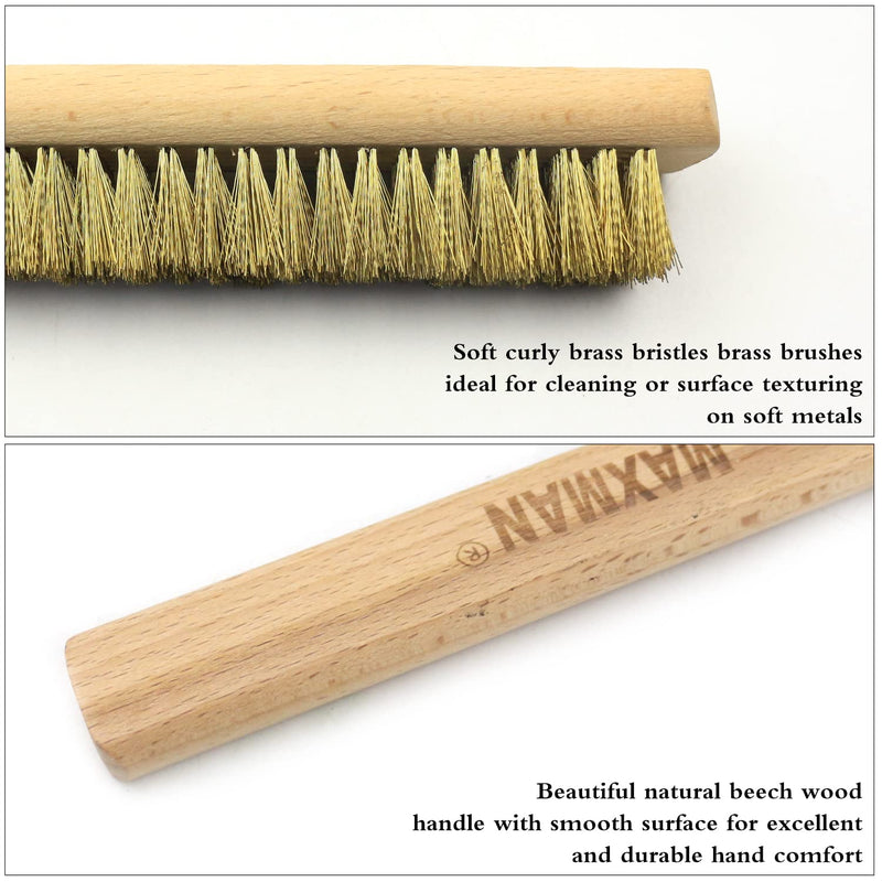 MAXMAN Copper Brass Brush, 20×6 Row Soft Bristle Wire Scratch Brushes with 10" Natural Beechwood Handle Barbell Brush for Cleaning Metal Surface Texturing, Removes Lint 1 piece