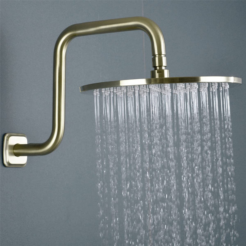 TRUSTMI 13 Inch S-Shape Shower Arm with Flange, Stainless Steel Pipe Extra Long Replacement Shower Head Holder, Brushed Gold Round