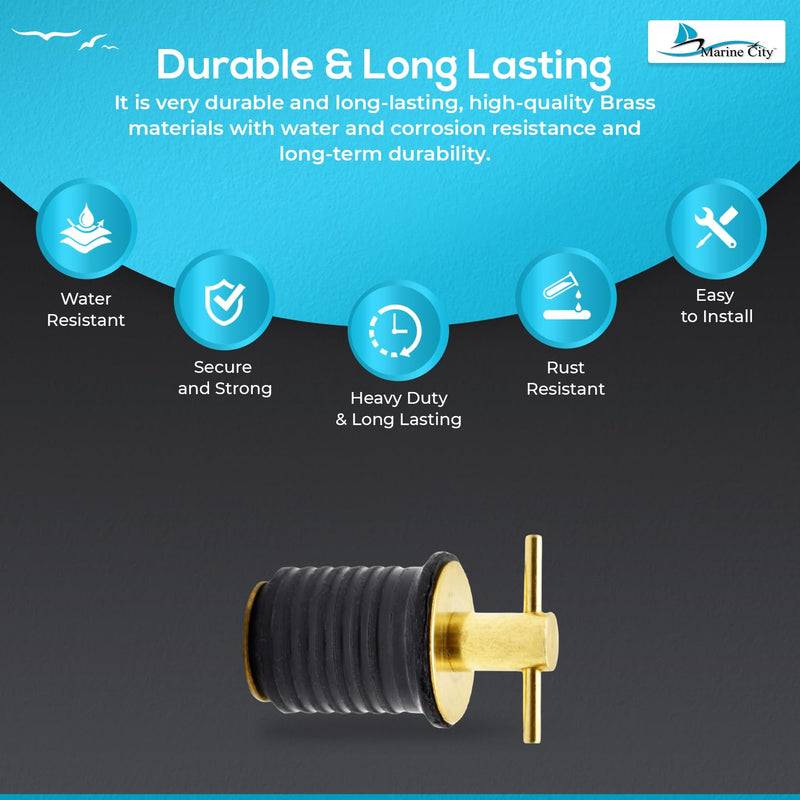 MARINE CITY Brass Drain Plug with Neoprene Seal – Rust-Proof, Corrosion-Resistant, Ideal for Boats, Yachts, Kayaks 1” Drain Plug