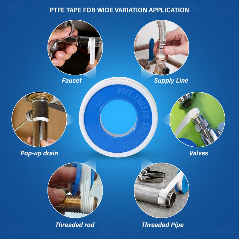 Supply Giant Plumbers PTFE Tape 3/4" W x 520" L 10 Rolls Pipe Thread Tape, High Density Thread Sealant Tape Water Seal Plumbing Tape for Shower Head, Pipes, Gas Lines, Leak Prevention 520" Pack of 10