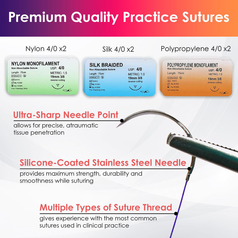 [Australia - AusPower] - Suture Practice Kit + Suturing Course for Medical Students, Silicone Suture Pad, 14 Pre-Cut Wounds, Tools & Sutures, Stitching Kit De Sutura Nurse Vet Supplies Med School Essentials 