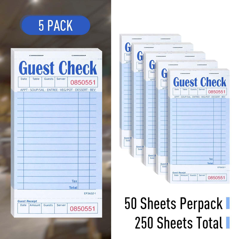 [Australia - AusPower] - Guest Check Books for Servers, 5 Pack of EP-3632-1 Server Note Pads, Thick Server Paper with Guest Receipt, Waitress Notepads - 250 Orders Total (Blue, 6.75"x3.5") 