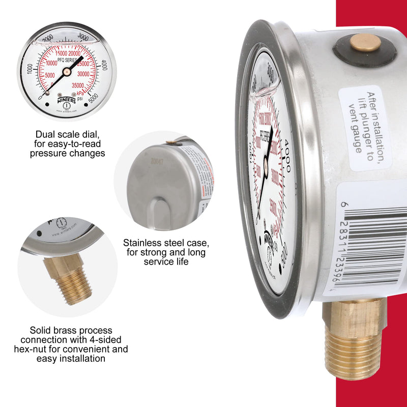 [Australia - AusPower] - Winters 2-1/2" Dial Size, Liquid Filled Industrial Pressure Gauge, Brass Internals, Stainless Steel Case, Dual Scale 0-5,000 psi/kPa, 1.5% Acc, 1/4" NPT Bottom Mount, Glycerin Filled Pressure Gauge 0/5,000 PSI/kPa 