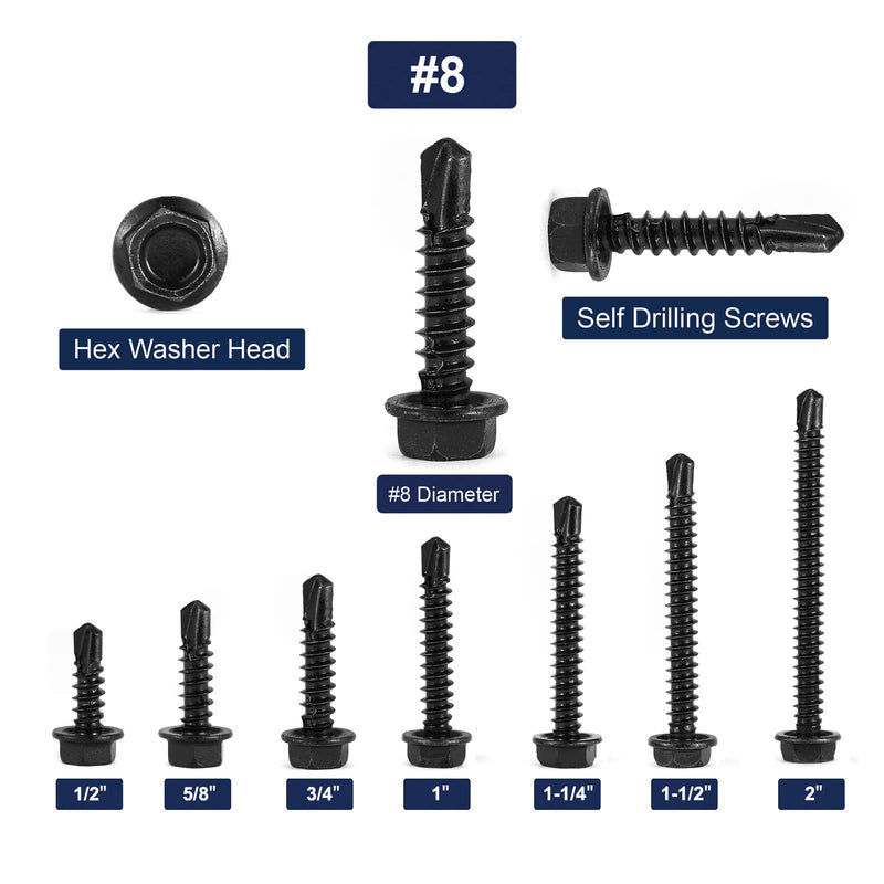 [Australia - AusPower] - #8 x 1" Sheet Metal Screws 100PCS 410 Stainless Steel Hex Washer Head Tek Screws Fast Self Tapping Screws Black Oxide by SG TZH #8 x 1" 