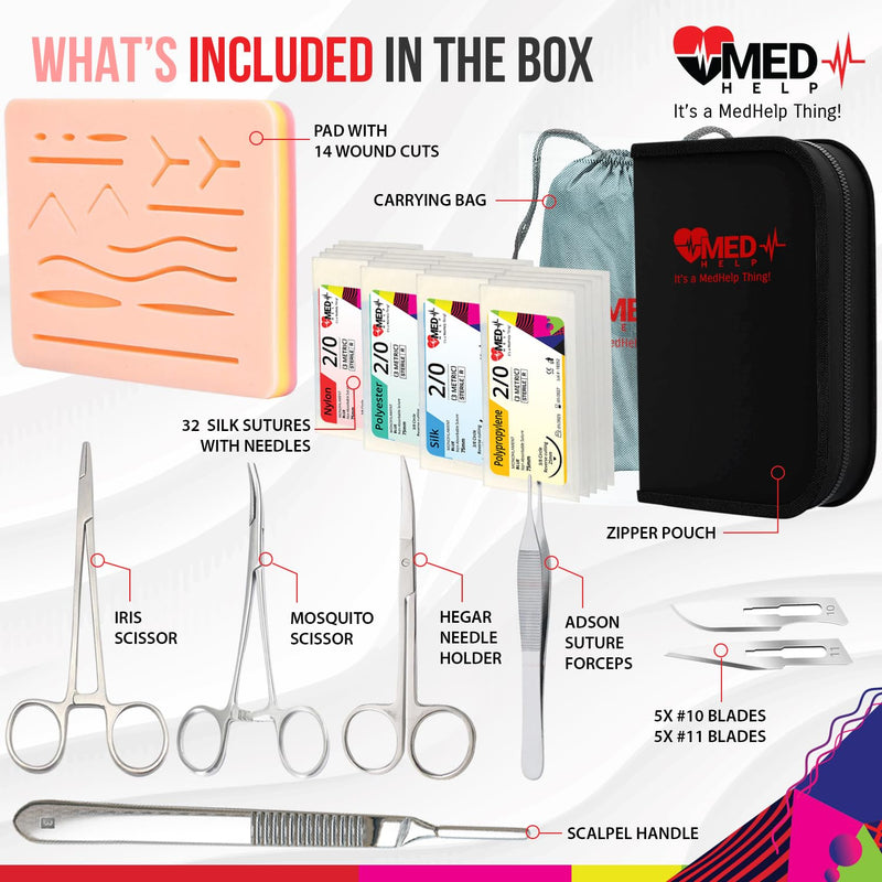 [Australia - AusPower] - 50 PCS Suture Kit Practice Medical Students - Complete Suture Practice Kit for Surgical Training: Large Silicone Suture Pad, Sterile Sutures Thread with Needle, Dissection Blades with Cary Bag Pro-Level Kit with Carry Bag 