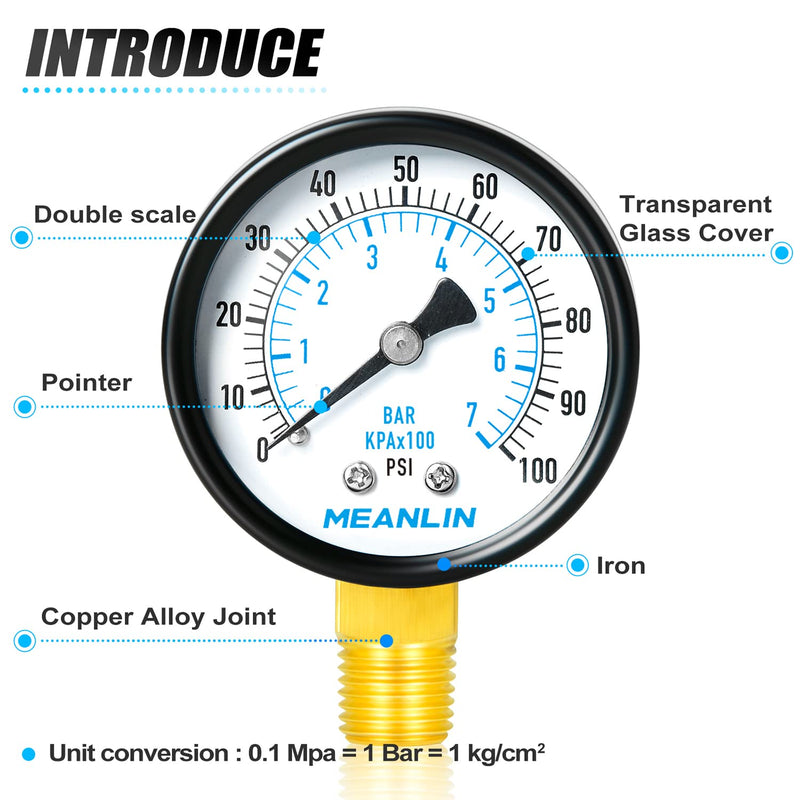 [Australia - AusPower] - MEANLIN MEASURE 0-100Psi 2" DIAL FACE 1/4" NPT Well Pump Pressure Gauge, with 1/4" x 1/2" NPT and 1/4" x 3/8" NPT Hex Bushing, 3-2-3% Accuracy,Lower Mount 1/4"NPT Lower Mount 