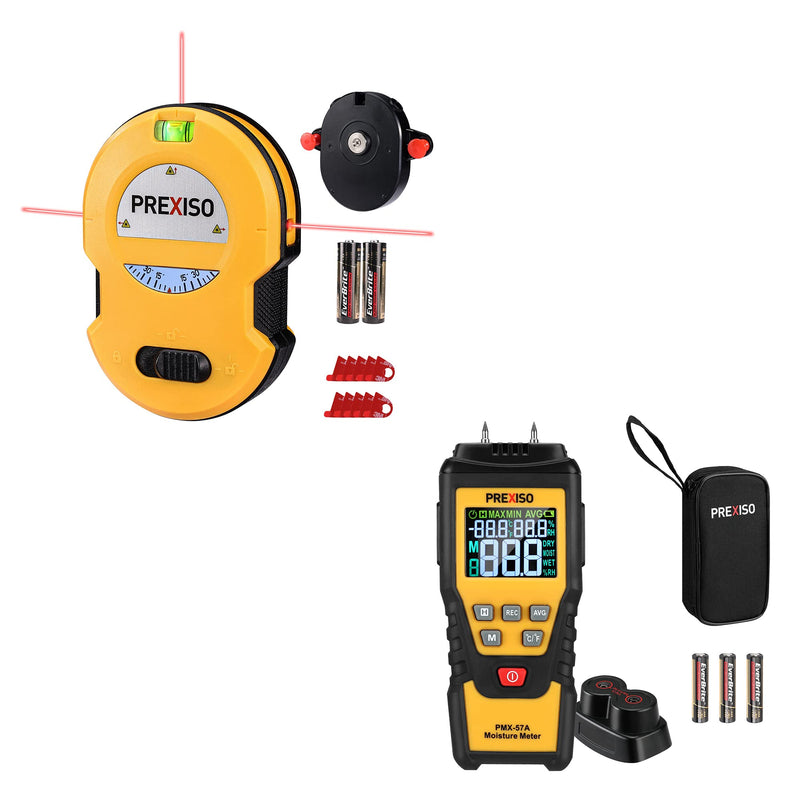 [Australia - AusPower] - PREXISO 7-in-1 Digital Wood Moisture Meter & PREXISO Multi Surface Laser Level LED Light Vial, 30Ft Horizontal and Vertical Line Laser 