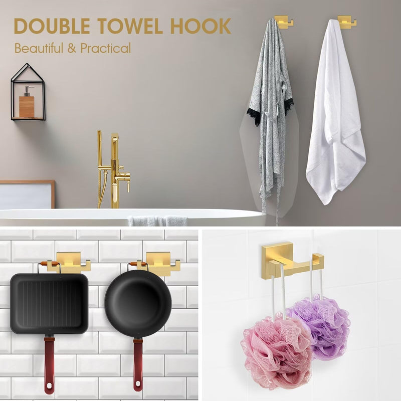 BOZWELL Double Towel Hooks for Bathroom Light Brushed Gold Wall Mount，Simple Modern Square Style Coat Robe Hook，Stainless Steel Heavy Duty Door Hanger for Bathroom Bedroom Kitchen Hotel Pool 1502-G-1 1 Double Hook