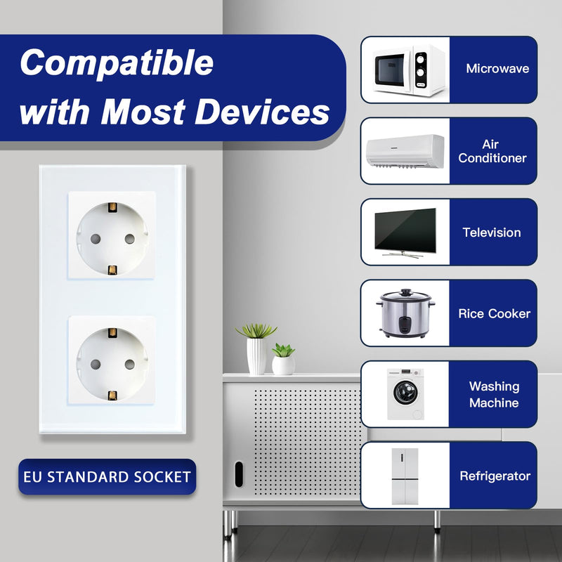 BSEED Schuko 2-Way Socket, EU Standard, Double Socket, Wall Outlet, Crystal Glass Plate, 16 Amps, 250V, Extension Sockets, 157 mm, White 2 outlets