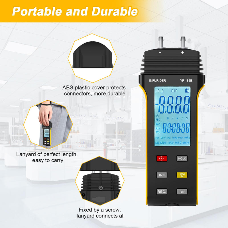 [Australia - AusPower] - Manometer, HVAC Digital Manometer Gas Pressure Tester, Handheld Air Pressure Meter, 11 Optional Units Differential Pressure Gauge YF-189B with Backlight, Data Hold Function… 