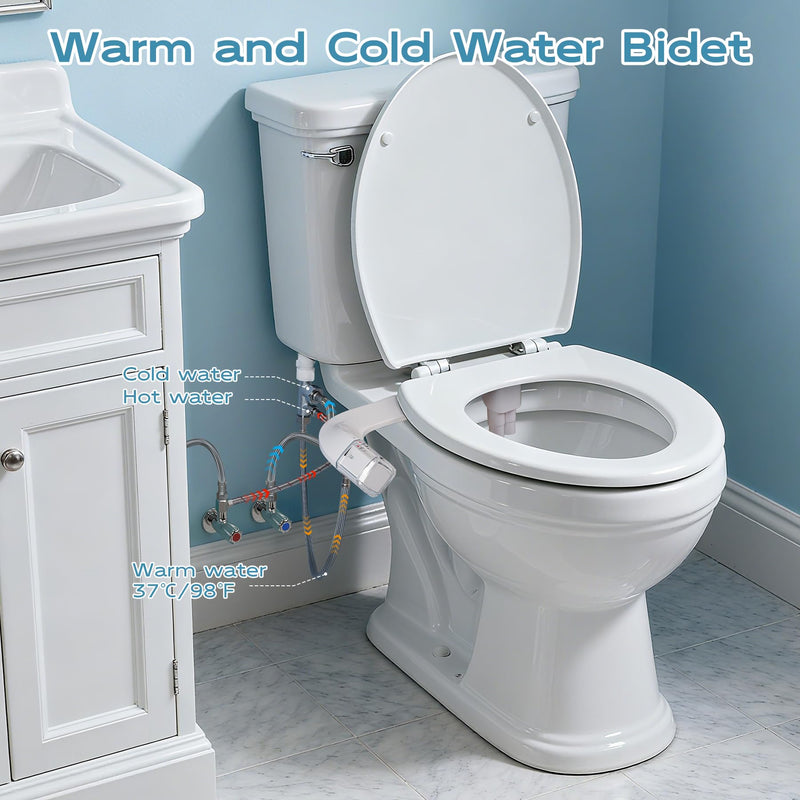 Warm Water bidet, Dual Nozzle Non-Electric Hot and Cold Bidet Attachment for Toilet, Adjustable Pressure with Rear and Feminine Wash Bidet Toilet Seat Attachment (White Warm Bidet) White Warm Bidet