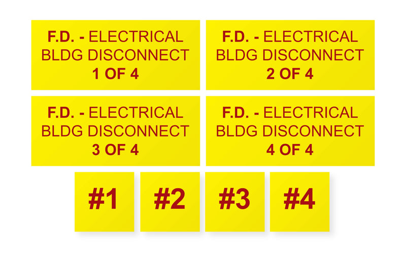 F.D. - Electrical BLDG Disconnect - Placard | Label - Fire Department | Photovoltaic Solar System Install Kit (1of4-2of4-3of4-4of4) 1of4 - 2of4 - 3of4 - 4of4