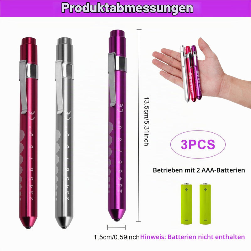 HENGBIRD Pupil Light LED Pen Lamp Set of 3 in Purple, Pink, Silver Penlight Torch Diagnostic Light with Clip and Scale for Eye Examination Emergency Service Accessories Care Accessories