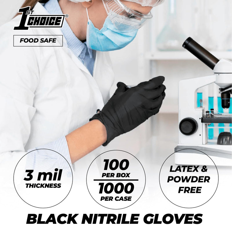 [Australia - AusPower] - 1st Choice Black Nitrile Gloves Box of 100 Large Gloves Disposable Latex Free - Exam Grade Black Gloves for Cooking - 3mil Large (Pack of 100) 